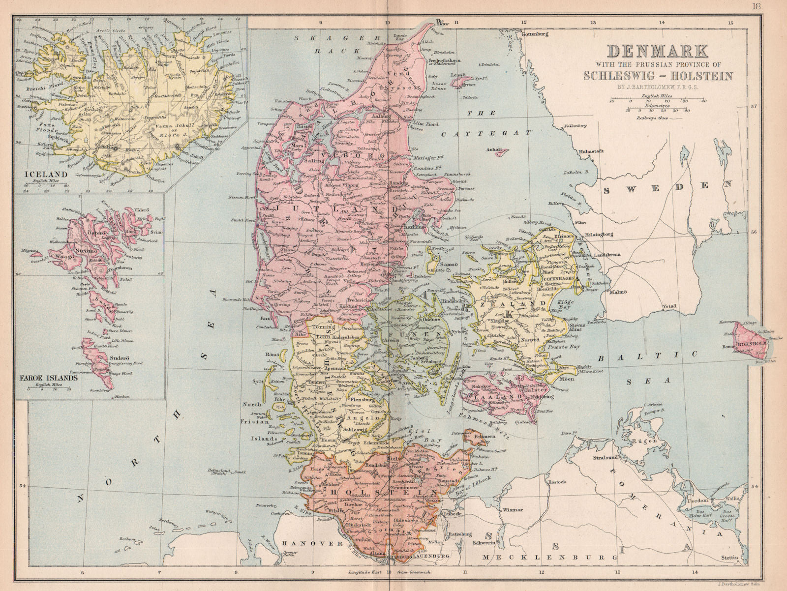 DENMARK. Railways. Iceland Schleswig-Holstein. BARTHOLOMEW 1878 old map